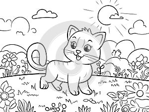 Cheerful kitten playing in the garden, coloring book style. Vector, generative ai.