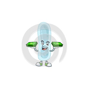 A cheerful klebsiella pneumoniae cartoon mascot design having some money on hands