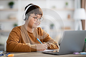 Cheerful korean boy schooler having online lesson from home