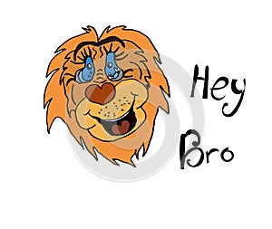 Cheerful lion cool inscription hey bro, childrens drawing in vector.