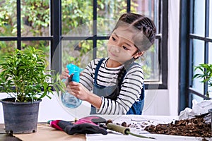 Cheerful little 6s cute girl with tool holding foggy spray bottle to water the plants taking care of her tree at greenhouse.