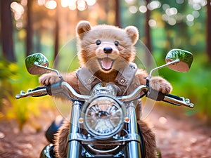 Cheerful little bear rides a motorcycle in the road with forest background.