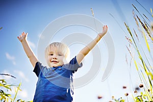 Cheerful little boy enjoying warm summer day