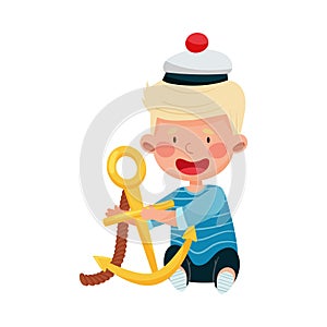 Cheerful Little Boy in Mariner Striped Vest and Peakless Hat Carrying Anchor Vector Illustration
