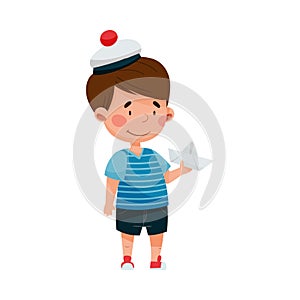 Cheerful Little Boy in Mariner Striped Vest and Peakless Hat Holding Paper Boat Vector Illustration