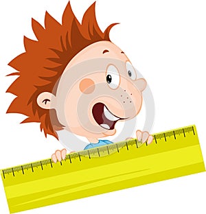 Cheerful little boy peeks out from the ruler illustration flat design isolated