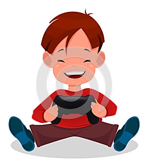 Cheerful little boy playing videogames. Cute cartoon kid. photo