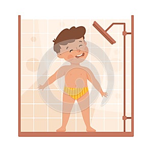 Cheerful little boy taking shower. Happy kid doing everyday hygiene activities cartoon vector illustration