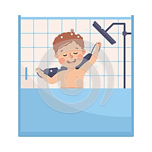 Cheerful little boy taking shower washing with washcloth. Happy kid doing everyday hygiene activities cartoon vector