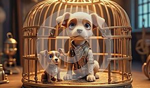 A cheerful little dog sits in a cage with his puppy friend. Children in a cage