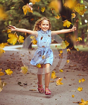 Cheerful little girl in an autumn colorful park