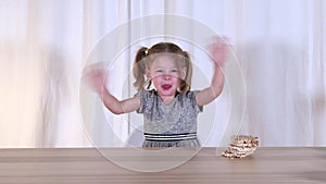 Cheerful little girl and healthy food. Happy kids and healthy snack. Snacks