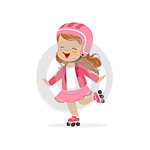 Cheerful little girl in pink wear and protection helmet skate on rollers. Flat vector kid character