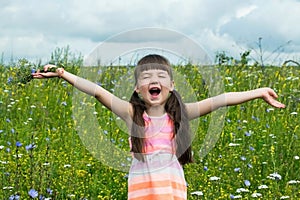 Cheerful little girl rejoices and screaming in a meadow