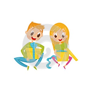 Cheerful little kids opening gift boxes. Children with holiday presents. Happy childhood. Flat vector design