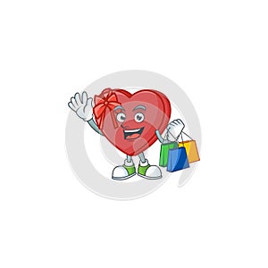 Cheerful love gift box cartoon character waving and holding Shopping bags