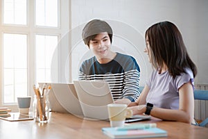 Cheerful loving asian young couple working together in cozy living room at home. Couple Work At Home Concept