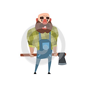 Cheerful lumberjack holding ax behind his back. Cartoon bald man with big beard. Woodcutter in green checkered shirt and