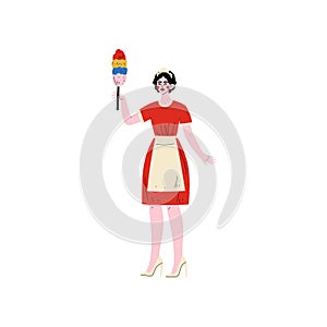 Cheerful Maid Standing with Dust Brush, Hotel Staff Character in Red Uniform Vector Illustration