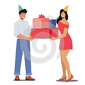 Cheerful Male Character in Festive Hats Greeting Happy Girl Celebrating Birthday, Surprise Party. Man Giving Gift Boxes