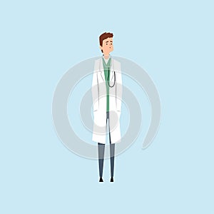 Cheerful male doctor character with stethoscope vector Illustration on a light blue background