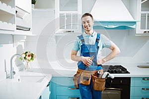 Cheerful male plumber in uniform in the kitchen