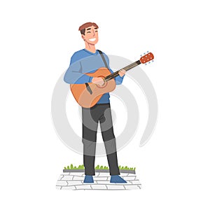 Cheerful Male Street Guitarist Character Playing Acoustic Guitar, Live Performance Concept Cartoon Style Vector