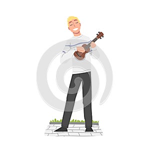 Cheerful Male Street Musician Character Playing Ukulele, Live Performance Cartoon Style Vector Illustration
