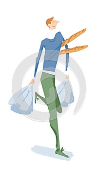 Cheerful man carrying baguettes and shopping bags