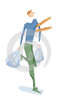 Cheerful man carrying baguettes and shopping bags photo