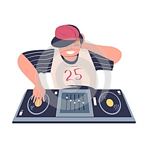 Cheerful man DJ mixing modern music at console mixer cartoon vector illustration