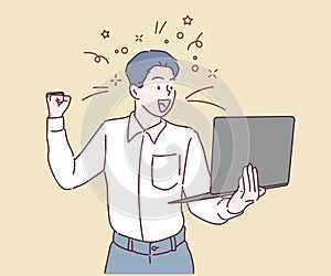 Cheerful man fan is hold laptop computer and raise hand fist. Concept of success.