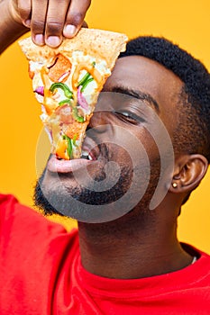 cheerful man food happy online fast delivery guy pizza background food black smile