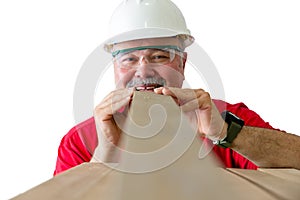 Cheerful man inspecting quality of wooden plank