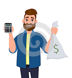 Cheerful man showing or holding digital calculator device and cash, money, currency note bag in hand. Modern lifestyle.