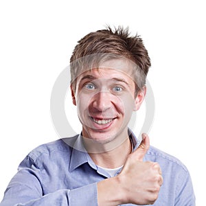 Cheerful man showing like, thumb-up gesture