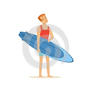 Cheerful man standing on the beach with blue surfboard, water extreme sport, summer vacation vector Illustration