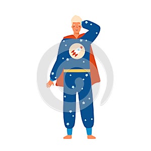 Cheerful man in superhero pajamas vector flat illustration. Happy male wearing comfy costume of hero decorated by stars