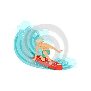 Cheerful man surfing on the ocean wave, water extreme sport, summer vacation vector Illustration