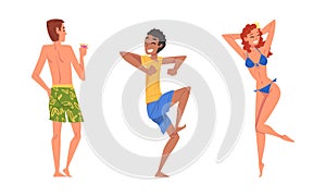 Cheerful Man and Woman in Swimwear Drinking Cocktail Having Pool Party Vector Set