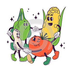 Cheerful mascots vegetable corn peanut spinach winking tomato do a round dance