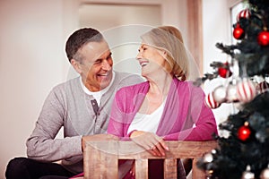 Cheerful mature couple celebrating Christmas at home. Portrait of a cheerful mature couple celebrating Christmas at home