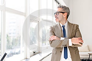 The cheerful mature grey-haired businessman looks off into the distance, arms crossed