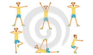 Cheerful Mature Man Doing Morning Exercises Collection, Active Healthy Workout of Aged Person, People Engaged in Sports