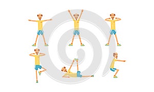 Cheerful Mature Man Doing Morning Exercises Collection, Aged Person Doing Sports, People Engaged in Sports Vector