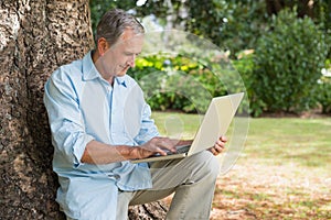 Cheerful mature man sitting on tree trunk using laptop