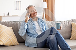 Cheerful mature man talking on cellphone sitting on sofa