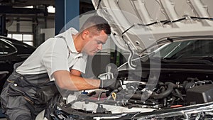 Cheerful mechanic enjoying working at the garage