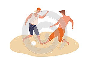 Cheerful men playing football on summer beach. Male friends spend time together. Scene of summer recreational activity