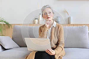 Cheerful middle aged woman using laptop while sitting on sofa at home
